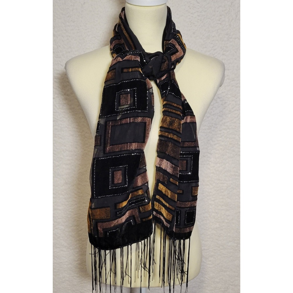 Silk Viscose Women's Scarf Black Brown Rhinestone Shawl 59" x 21" Rectangle 1069